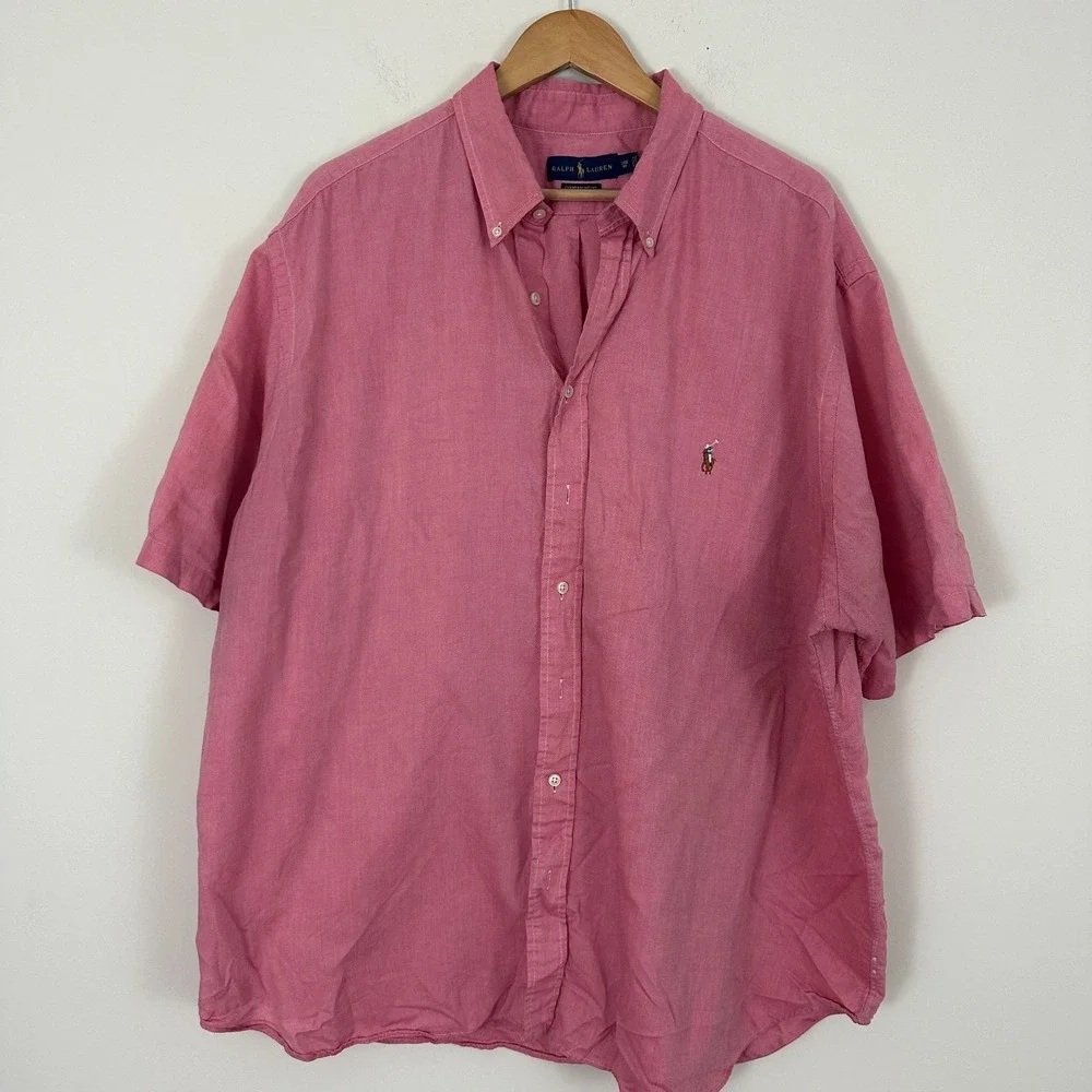 Ralph Lauren Chambray Oxford Shirt Pink Logo Short Sleeve Button Down Mens 3XB